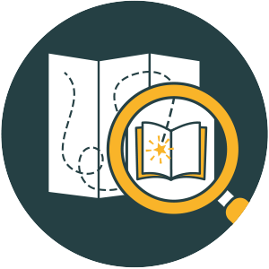 Circular image of a magnifying glass over a simple map with a trail leading to a book.