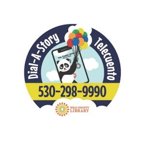 Dial-a-Story; Telecuento from Yolo County Library. Call 530-298-9990 for a story in English or Spanish. A panda bear holding colorful balloons.