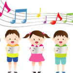 Children singing colorful notes.