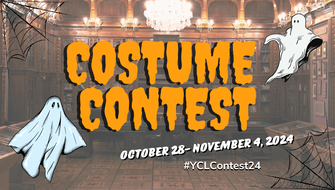 Costume Contest October 28-November 4, 2024 #YCLContest24 Image of two ghosts flying in a wood-paneled library with chandeliers and cobwebs.