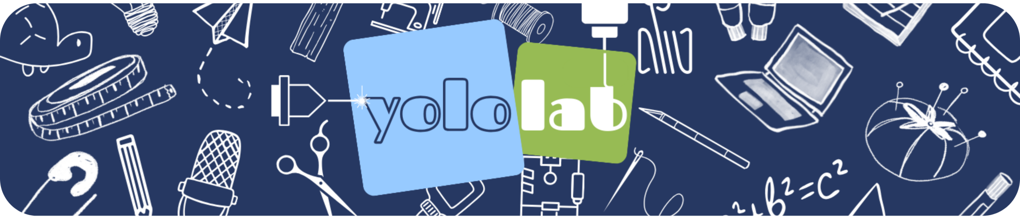 text "yololab" on a blue background with images of sewing machine, laptop, scissors and other items used in a makerspace