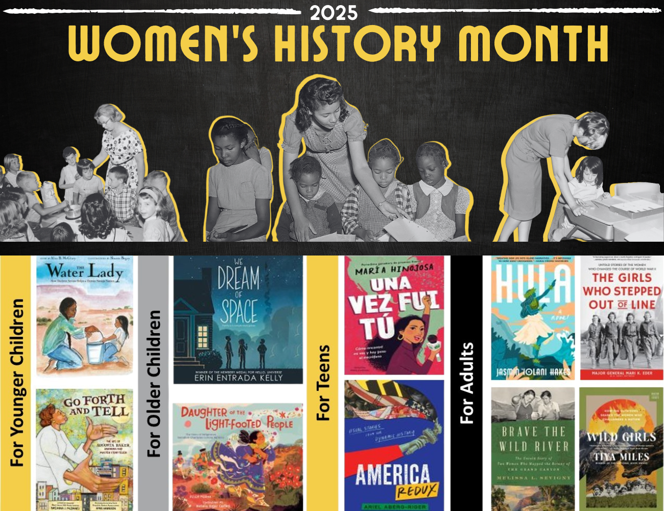 Women's History Month Reading List with books sectioned into categories for younger children and older children