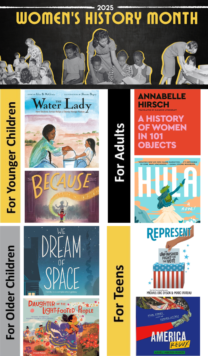 Women's History Month Reading List with books sectioned into categories for younger children and older children