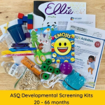 ASQ Developmental Screening Kits 20-66 months. Picture of forms, books, coloring books, blocks and various other items.