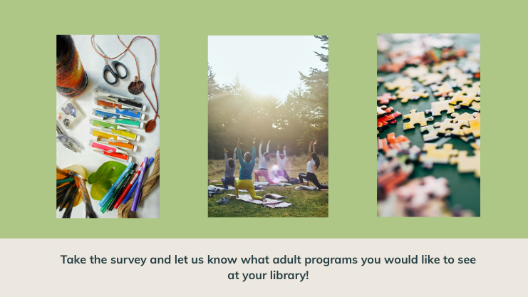 Images of colorful art supplies, people doing yoga outside, and jigsaw puzzles pieces and text 