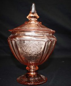 image of pink depression glass candy dish