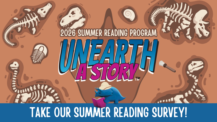 A graphic featuring dinosaur skeletons inviting participants in the 2026 Summer Reading Program, 