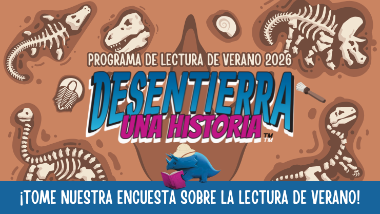 A graphic featuring dinosaur skeletons inviting participants in the 2026 Summer Reading Program, 
