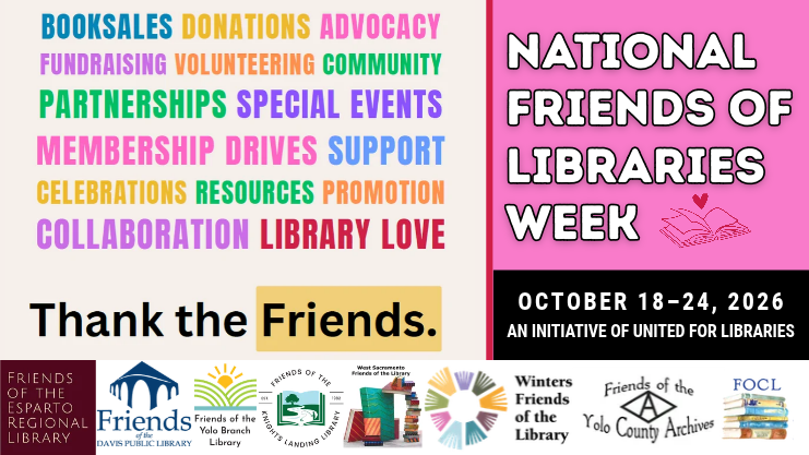 A graphic for National Friends of Libraries Week, Oct 18-24, 2026, featuring a list of activities Friends groups engage in to support libraries and the logos of local friends of the library groups.
